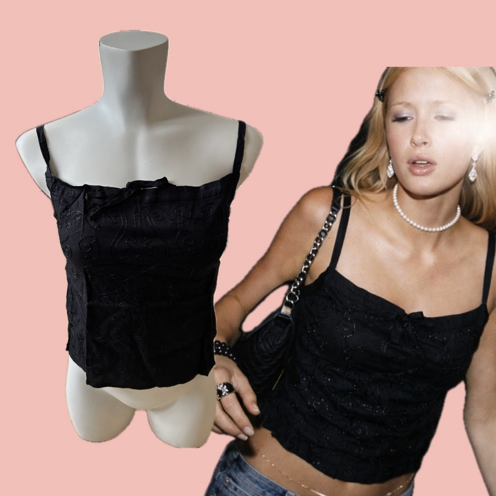 Y2K Embroidered Rayon Bali Cami Top – Coquette Tie Front
